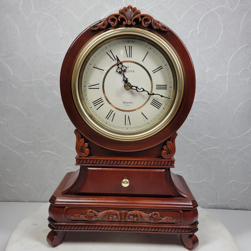 Bulova Rhapsody Mantel Clock Westminster Wood 3 Chime Battery Operated Drawer